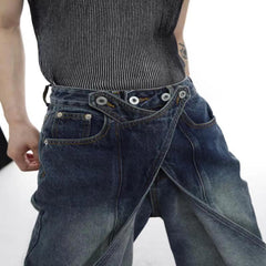 Threebooy Hip Hop American Vintage Jeans Men Heavy Industry Used Wash Denim Pant Deconstruct Cut Design Variable Flared Trousers Unisex