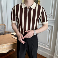 Threebooy British Style Luxury Knit Polo Shirt Men Striped Short /Long Sleeve Half Zipper Top Business Casual High Quality Tee Streetwear