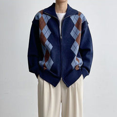 Threebooy Diamond Long-Sleeve Lapel Knitted Cardigan Sweater Coat Unisex Autumn Winter Casual Loose Retro Couple Korean Plaid Sweater Coat