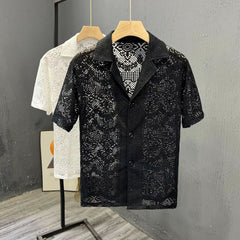 Threebooy Vintage Ice Silk Lace Shirts For Men Sexy Lace Breathable Hollow Out Tops Summer Fashion Cuban Collar Short Sleeved Shirt Male