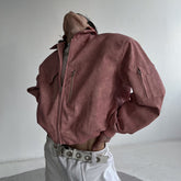 Threebooy Mens Autumn Winter American Street Retro Distressed Suede Jacket Gender-Neutral Short Loose Casual Trend Biker Jacket Unisex