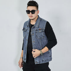 Threebooy Streetwear Men Oversized Denim Vest Sleeveless Turndown Collar Big Pocket Jacket Spring Autumn Fashion Vintage Loose Tank Tops