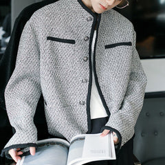 Threebooy Mens Jacket Retro Textured Knit Temperament Trendy Contrast Trim High-End Jacket Unique Pockets Chic Cropped Men'S Clothes 2024