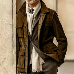 Threebooy Cowhide Suede Jacket For Men Autumn Winter Turndown Collar Multi-pocket Windbreaker American Vintage Casual Coat Streetwear