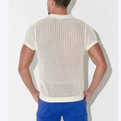 Threebooy Summer Mens Hollow Out Knit Polo Shirts Sexy See Through Short Sleeve V-lapel Tops Fashion Mesh Loose Casual T-shirt Streetwear