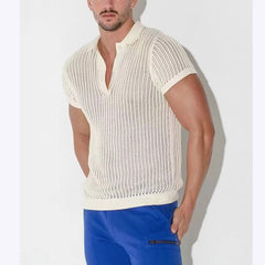 Threebooy Summer Mens Hollow Out Knit Polo Shirts Sexy See Through Short Sleeve V-lapel Tops Fashion Mesh Loose Casual T-shirt Streetwear