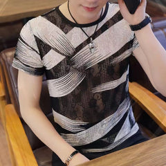 Threebooy Summer New Men Ice Silk Pattern Print Tshirts Short sleeve Ultra-thin Tee Tops Fashion Sexy Hollow Out Elastic Slim Fit T-shirts