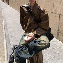 Threebooy American Street Retro Heavy Industry Rivet Motorcycle Leather Jacket Men's Elegant British Jacket Autumn Unisex Short Jacket