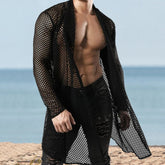 Threebooy Sexy Hollow Out Loose Cardigan Shawl Mens Spring Summer Long Sleeve Beach Shirts Mesh Perspective Long Coat Cloak Streetwear