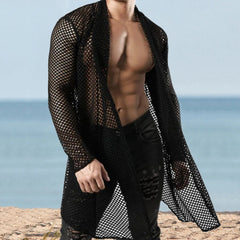 Threebooy Sexy Hollow Out Loose Cardigan Shawl Mens Spring Summer Long Sleeve Beach Shirts Mesh Perspective Long Coat Cloak Streetwear