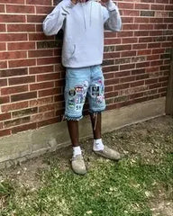 Threebooy 2000s American Patchwork Applique Technology High Quality Blue Loose Jeans Y2K Street Trendy Personality Harajuku Hip Hop Shorts
