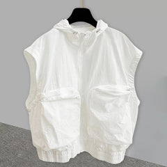 Threebooy Oversized American Vintage Hooded Vest Men Sleeveless hooded Hoodie Spring Summer Silhouette Design Denim Shoulder Pads Tank Top