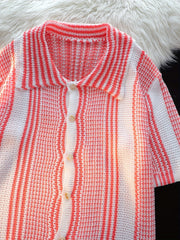 Threebooy Knitted Cardigan Short Sleeves Rainbow Contrast Stripes Harajuku Style, Suitable for All Seasons, Suitable for City Walks, Street Outdoor Activities, Casual Outings, Parties, Beaches, Anniversaries, Gifts