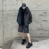 Threebooy Mens Two-Piece Suits Contrasting Geometric Pattern Hooded Jacket Shorts Spring American Streetwear Trend Two-Piece Suits Men'S