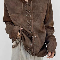 Threebooy Vintage Heavy Weight PU Leather Jacket For Men Spring And Autumn Double Breasted Drawstring Long Sleeve Tops Outdoor Loose Coat