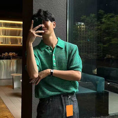 Threebooy Summer Short Sleeved Knitted Polo Shirt Men Senior Korean Slim Fit Top Fashion Casual hollow out Kint Tshirts High Quality
