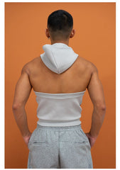 Threebooy High Elastic Sport Hooded Vest Men Backless Sleeveless Hoodie Sweatshirt Fashion Casual Zipper Placket Slim Fit Tank Tops