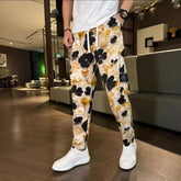 Threebooy Vintage Tie Dye Ink Painting Casual Pants Men Ethnic Style Flower Pattern Lightweight Ice Silk Straight Leg Trousers Summer