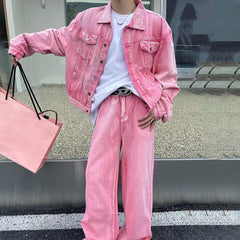 Threebooy American High Street Long-Sleeved Trousers Denim Suit For Men Autumn New Retro Distressed Solid Casual Loose Two-Piece Set