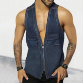 Threebooy Vintage Patchwork Jean Tank Tops Men Slim Fit Sleeveless Denim V-neck zipper Shirts Summer Fashion Sexy Vest Male Streetwear