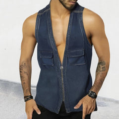 Threebooy Vintage Patchwork Jean Tank Tops Men Slim Fit Sleeveless Denim V-neck zipper Shirts Summer Fashion Sexy Vest Male Streetwear