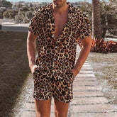 Threebooy Leopard Print Men's Two Piece Set Short Sleeve Turn-down Collar Shirt And Shorts Loose Casual Suits Summer Fashion Outfits Male