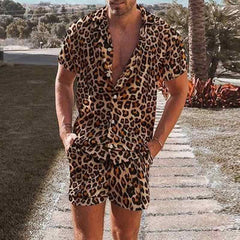 Threebooy Leopard Print Men's Two Piece Set Short Sleeve Turn-down Collar Shirt And Shorts Loose Casual Suits Summer Fashion Outfits Male