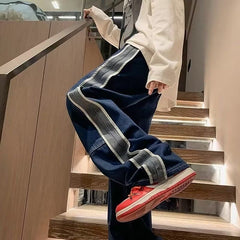 Threebooy Retro High Street Men's Jeans Hip Hop Side Stripes Wide Leg Loose Trousers Spring Autumn Fashion Trends Denim Pants Streetwear