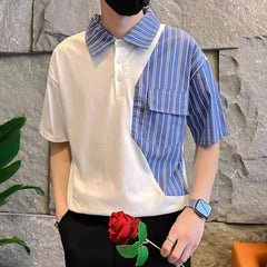 Threebooy Fashion Stripe Patchwork Polo Shirts For Men Short sleeve Tee Tops Summer Trendy Contrast Color Fake Two Polos Tshirts Clothing