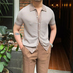 Threebooy Summer Men Knit Polo Shirts Fashion Simple Plaid Knitted Sweater Vintage Short sleeve Button Cardigan Business Casual Knitwear