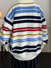Threebooy Men's Colorful Striped Knit Sweater - Soft, Comfortable Polyester Blend, Casual Round Neck Pullover for Fall/Winter