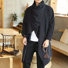Threebooy Cotton Trench Men Vintage Jacket Long Sleeve Scarf Collar Cloak Shirt Top Fashion Poncho Male Windbreake Irregular Cardigan Coat
