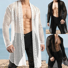 Threebooy Sexy Hollow Out Loose Cardigan Shawl Mens Spring Summer Long Sleeve Beach Shirts Mesh Perspective Long Coat Cloak Streetwear