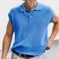 Threebooy Fashion Mens Knit Polo Shirt Sleeveless Lapel Button Loose Tee Tops Spring Summer Casual Trend Polos Tshirt Men Clothing