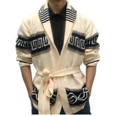 Threebooy Autumn Winter Men Thicken Jacquard Knitted Cardigan Coat Vintage Turndown Collar With Waistband Thick Needle Sweater Streetwear