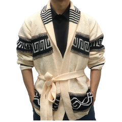 Threebooy Autumn Winter Men Thicken Jacquard Knitted Cardigan Coat Vintage Turndown Collar With Waistband Thick Needle Sweater Streetwear