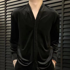 Threebooy Retro Velvet Shirt For Men Spring Autumn V-neck Long Sleeve Versatile Top Fashion Light Luxury Vintage Mature Shirts Streetwear
