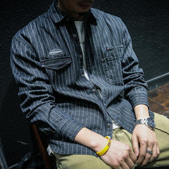 Threebooy Japanese Retro Style striped shirt For Men Spring Autumn Long Sleeve Loose Tops American heavyweight Workwear Shirts Streetwear