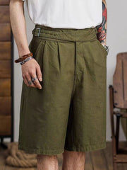 Threebooy Vintage Gurkha Shorts Men Safari Style High Waist Buckle Button Knee Length Naples Pants Summer Casual Loose Shorts High Quality