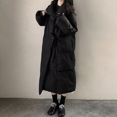 Threebooy Mens Silk-Like Cotton Filling Coat Inner Pockets Warm Cotton-Padded Coat Winter Couples Fashion British Elegant Long Coat Unisex