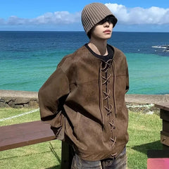 Threebooy Vintage Heavy Weight PU Leather Jacket For Men Spring And Autumn Double Breasted Drawstring Long Sleeve Tops Outdoor Loose Coat