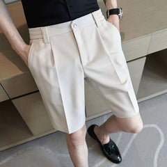 Threebooy Summer Fashion Men Suit Shorts Ice Silk Slim Fit Straight Knee Length Pants Korean Trendy Light Luxury Short Trousers Streetwear