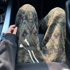 Threebooy Ethnic Style Print Pants Men Hip Hop Elastic Waist Drawstring Straight Trousers Autumn Winter Vintage Dirty Pant (with Plush)