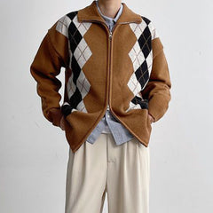 Threebooy Diamond Long-Sleeve Lapel Knitted Cardigan Sweater Coat Unisex Autumn Winter Casual Loose Retro Couple Korean Plaid Sweater Coat