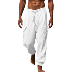 Threebooy Multi Pocket Cotton Linen Pants For Men Lace-up Drawstring Foot Binding Long Trousers Spring Summer Sport Casual Cargo Pant