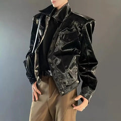 Threebooy Mens Y2k Glossy Shoulder Pad Jacket New Genderless Fashion Personality Metal Functional Style Solid Color Jacket Unisex