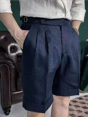Threebooy British Style Men Naples Linen Shorts Paris Waist Buckle Button Knee Length Pant Summer High Quality Casual Loose Short Trouser