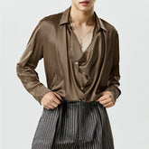 Threebooy French Style Silk Men's Shirt Spring Autumn Commuting Collar long sleeve Tops Streetwear Fashion Lightweight Loose Shirts