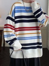 Threebooy Men's Colorful Striped Knit Sweater - Soft, Comfortable Polyester Blend, Casual Round Neck Pullover for Fall/Winter