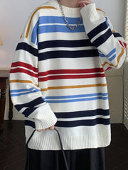 Threebooy Men's Colorful Striped Knit Sweater - Soft, Comfortable Polyester Blend, Casual Round Neck Pullover for Fall/Winter
